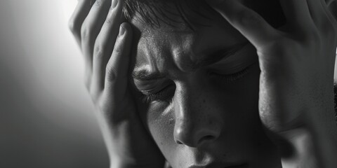 A dramatic black and white photo of a man holding his head. Perfect for illustrating stress or headache concepts - obrazy, fototapety, plakaty