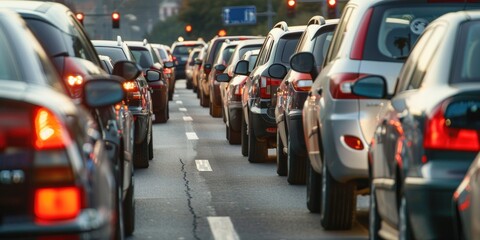 Car traffic jam on highway, Car rush hours city street, car rear view.