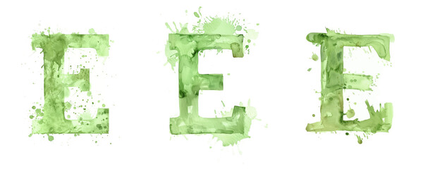 Ai Generated Art Watercolor Set of Multiple Different Pastel Sage Green Capital E Letters On a White Background