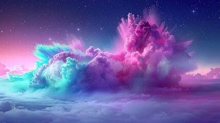 A colorful cloud of smoke is floating in the sky. The colors are bright and vibrant, creating a sense of energy and excitement. The smoke seems to be coming from a fire