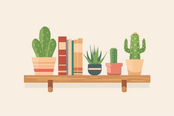 A shelf with books and plants, suitable for home decor