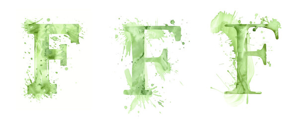 Ai Generated Art Watercolor Set of Multiple Different Pastel Sage Green Capital F Letters On a White Background