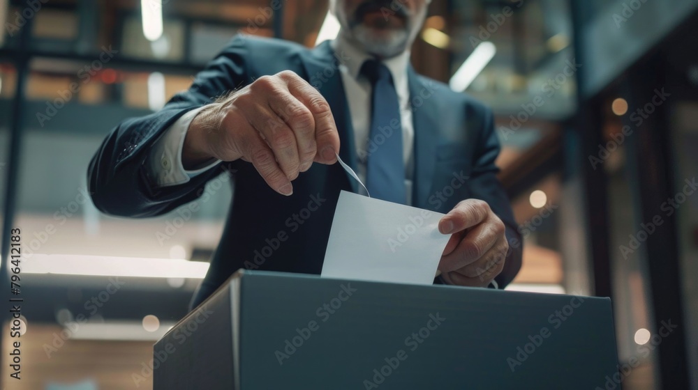 Poster Businessman in formal attire inserting document in container. Ideal for office and finance concepts