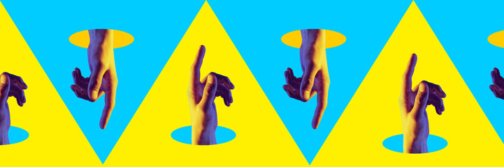 Male hands sticking out holes against yellow and blue background. Contemporary art collage. Concept...