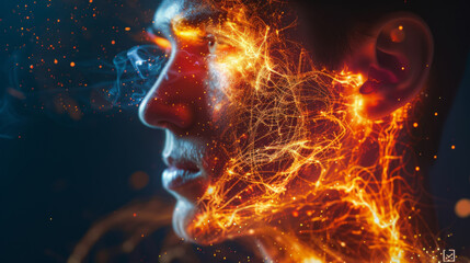 Digital composite of a man's profile with glowing neural network illustrating futuristic connectivity.