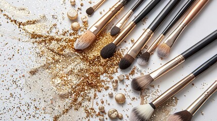 Assorted cosmetics and brushes spread out with golden glitter on white background
