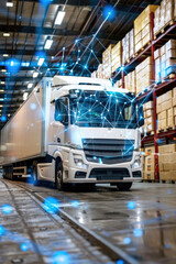 A truck navigates through a warehouse filled with neatly stacked boxes. The vehicle maneuvers carefully among the shelves as workers load and unload cargo