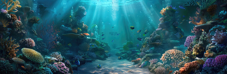 Fototapeta premium An underwater view showcasing a vibrant coral reef with sunlight filtering through the water creating a stunning visual effect