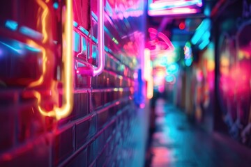 A long narrow alley with vibrant neon signs. Suitable for urban backgrounds