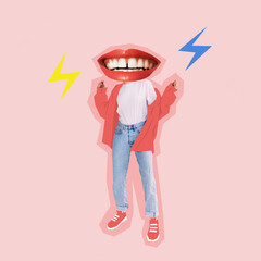 Surreal contemporary art collage in magazine style, human female body with smiling happy lips head, isolated like symbol. social media manager, influence marketing, positive fashion blogger