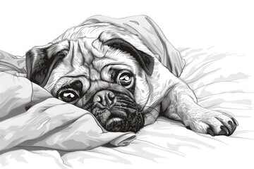 A black and white drawing of a pug laying on a bed. Suitable for pet lovers or home decor themes