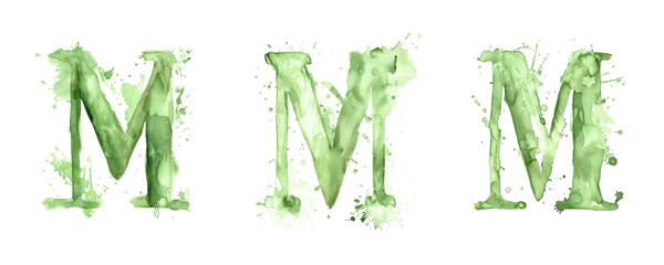 Ai Generated Art Watercolor Set of Multiple Different Pastel Sage Green Capital M Letters On a White Background
