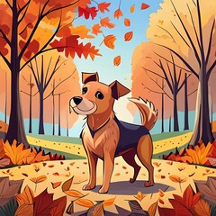 가을 낙엽이 가득한 공원, 낙엽이 가득한 땅 위에 서 있는 Terrier Dogs 한 마리, 만화 같은 - obrazy, fototapety, plakaty