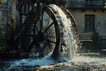 A picturesque water wheel with water pouring out, perfect for environmental or industrial concepts
