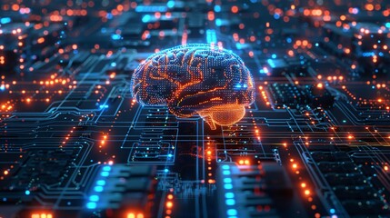 Glowing cybernetic brain forms centerpiece of futuristic circuit board