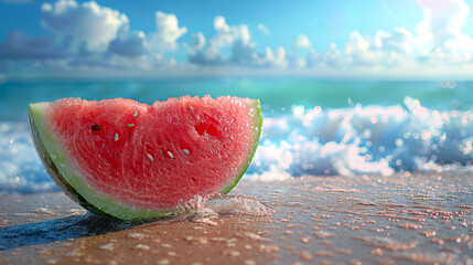 Tropical Watermelon Delight. A slice of juicy watermelon lies on a tropical beach, its vibrant pink flesh contrasting with the azure sea and sparkling sands under a sunny sky.