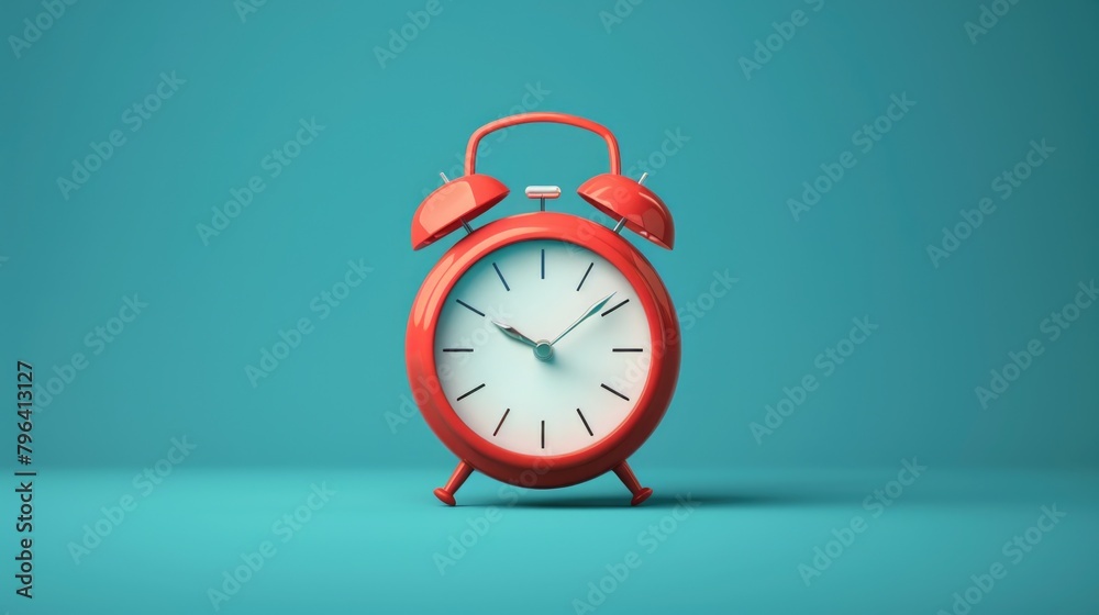 Poster a red alarm clock sitting on a blue surface, suitable for time management concepts