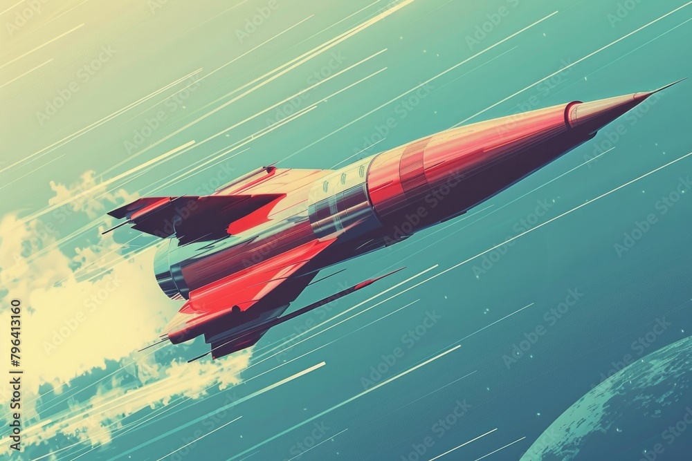 Poster fighter jet soaring through sky with distant planet backdrop. ideal for sci-fi and aviation concepts
