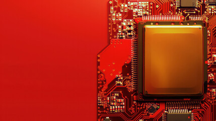 Intricate gold-lined microchip from a modern semiconductor fabrication lab sharply contrasted against a vivid red background with empty space for text 