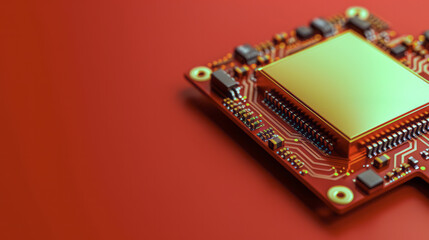 Microchip Majesty"
Description: "A high-resolution image showcasing the complexity of a microchip, featuring golden connectors on a bold red background.
