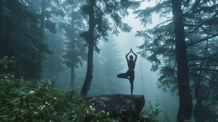 ISerenity in the Mist. Silhouetted against a foggy forest backdrop, a person practices yoga on a rock, embodying tranquility and balance in nature.