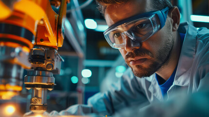 Focused Engineer Inspecting Machinery. A concentrated male industrial engineer with safety goggles inspects machinery, surrounded by the blue hue of a technical environment.