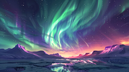 Aurora Majesty: Arctic Night Sky. A breathtaking aurora borealis sweeps across an arctic landscape under a starlit sky, casting vibrant hues of emerald and lavender