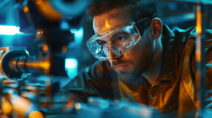 Focused Engineering Precision"
Description: "A close-up of an industrial engineer, intently inspecting machinery, with safety goggles reflecting the complexity of technology