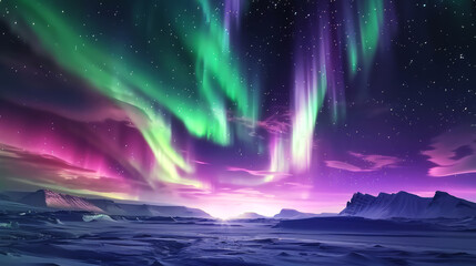 Spectral Skies: Aurora Over Icy Plains"
Description: "The aurora borealis paints the night sky with strokes of emerald and lavender above a serene icy landscape, illuminated by a tranquil twilight.