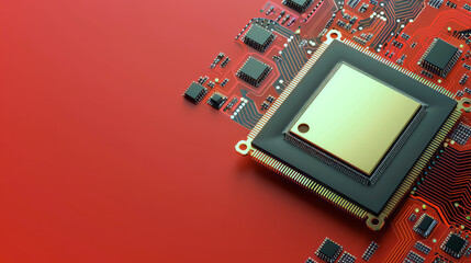 Silicon Circuitry Essence. Vibrant red backdrop enhancing the detailed architecture of a gold-lined microchip, a symbol of modern computing.