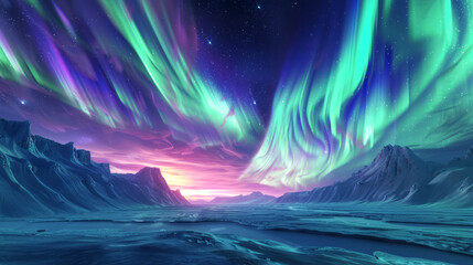 Celestial Dance of Northern Lights. The Aurora Borealis swirls in vibrant hues over a serene arctic landscape, reflecting on icy waters beneath a starlit sky