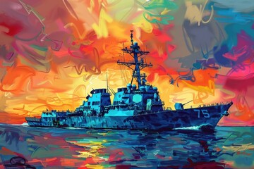 A painting of a navy ship in the water. Suitable for military and nautical themes