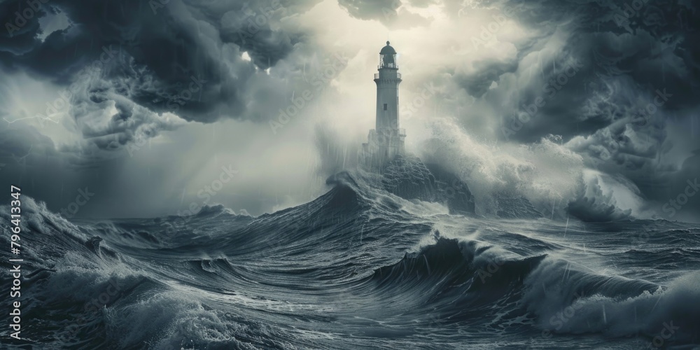 Poster A lighthouse standing strong in the midst of a raging ocean storm. Perfect for illustrating resilience and determination