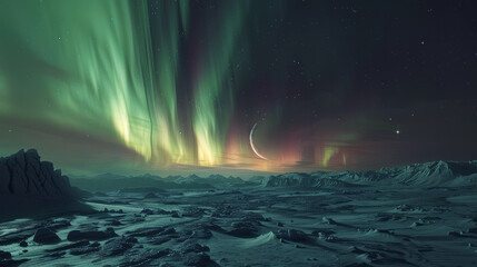 Polar Night Aurora. A spectacular display of the Aurora Borealis paints the polar night sky with swirls of green and pink over a serene, icy landscape.