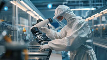 High-Tech Chip Examination. An engineer in a protective suit scrutinizes a semiconductor through a microscope, against the backdrop of a high-tech cleanroom.