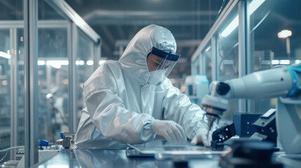Microchip Manufacturing Precision. An engineer clad in a cleanroom suit inspects a semiconductor microchip, showcasing the critical precision in electronic component manufacturing.