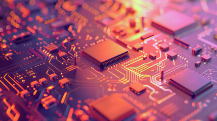 Microchip Macro Glow. A macro shot of a vibrant microchip circuit, with a focus on intricate connections and electronic components bathed in a warm glow