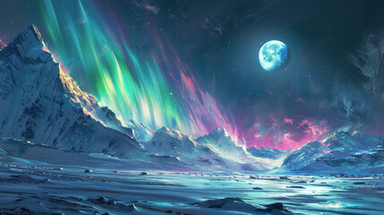 Moonlit Aurora Over Frozen Peaks. A surreal landscape where the aurora borealis dances in the night sky, highlighted by a vivid moon over icy mountain peaks.
