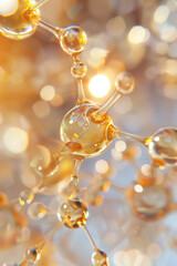 Closeup of golden liquid droplets with light reflections.