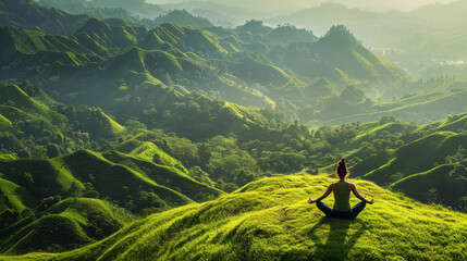 Serenity in the Highlands. A person in a yoga pose harmonizes with the undulating emerald hills bathed in soft sunlight, creating a scene of peace and oneness with nature.