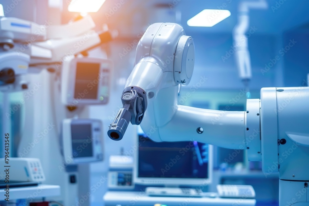 Poster a high-tech robotic arm in a hospital setting. suitable for medical and technology concepts