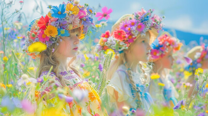 A group of young girls standing together in a vibrant field of colorful flowers, enjoying the beauty of nature on a sunny day