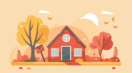 Cute house with landscape. illustration in flat style