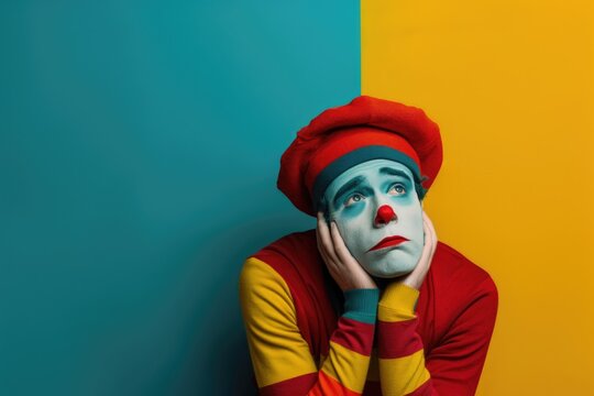 A man dressed as a clown posing for a photo, suitable for entertainment concepts