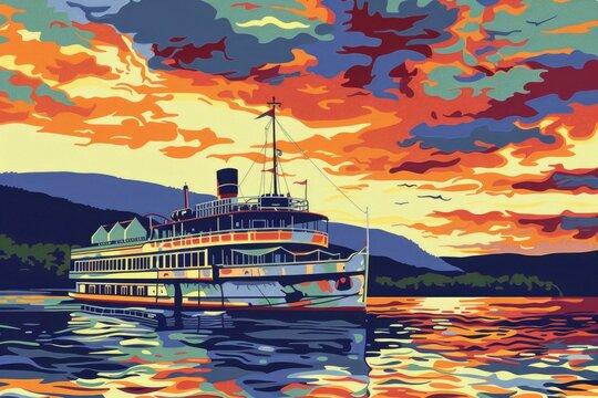 A painting of a cruise ship on the water. Suitable for travel brochures