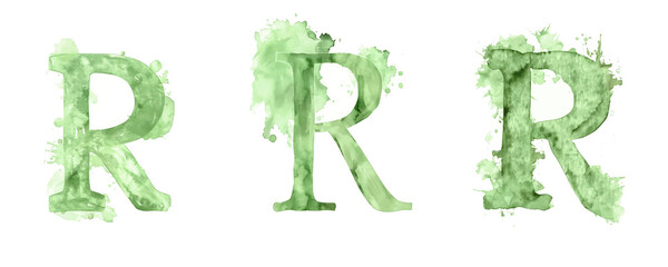 Ai Generated Art Watercolor Set of Multiple Different Pastel Sage Green Capital R Letters On a White Background