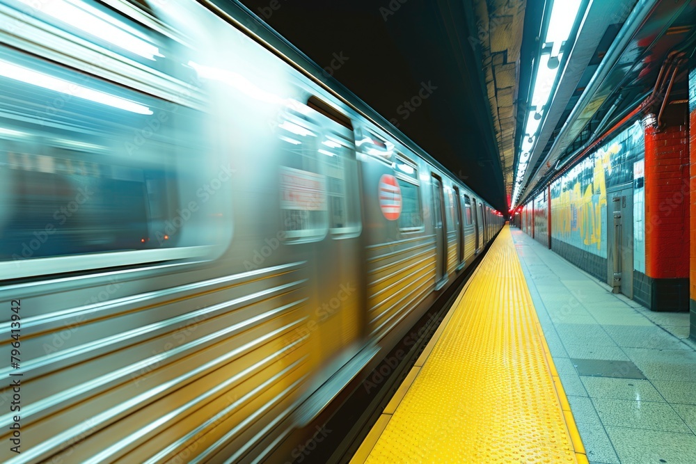 Poster subway train passing through a busy station, suitable for transportation concepts