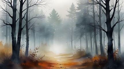 landscape mystical white fog in the autumn depressive forest, sadness loneliness mood.generative.ai 