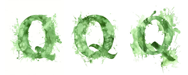 Ai Generated Art Watercolor Set of Multiple Different Pastel Sage Green Capital Q Letters On a White Background