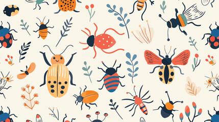 Cute insects pattern. Seamless childish background  - obrazy, fototapety, plakaty